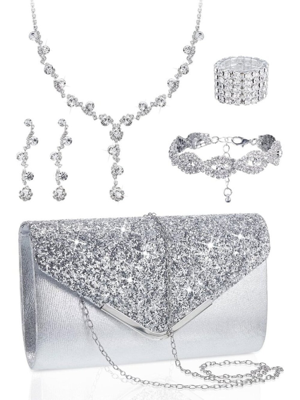 5-Piece Rhinestone Jewelry Set & Elegant Clutch Purse for Prom or Special Events